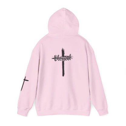 Blessed Cross Hoodie — Christian Faith Pullover with Cross Sleeve Design