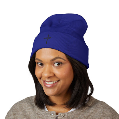 Embroidered Cross Cuffed Beanie — Minimal Faith Knit Hat