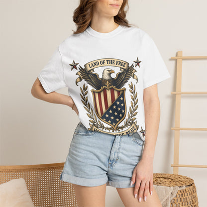 Patriotic Eagle Shield T-Shirt — "Land of the Free, Home of the Brave"