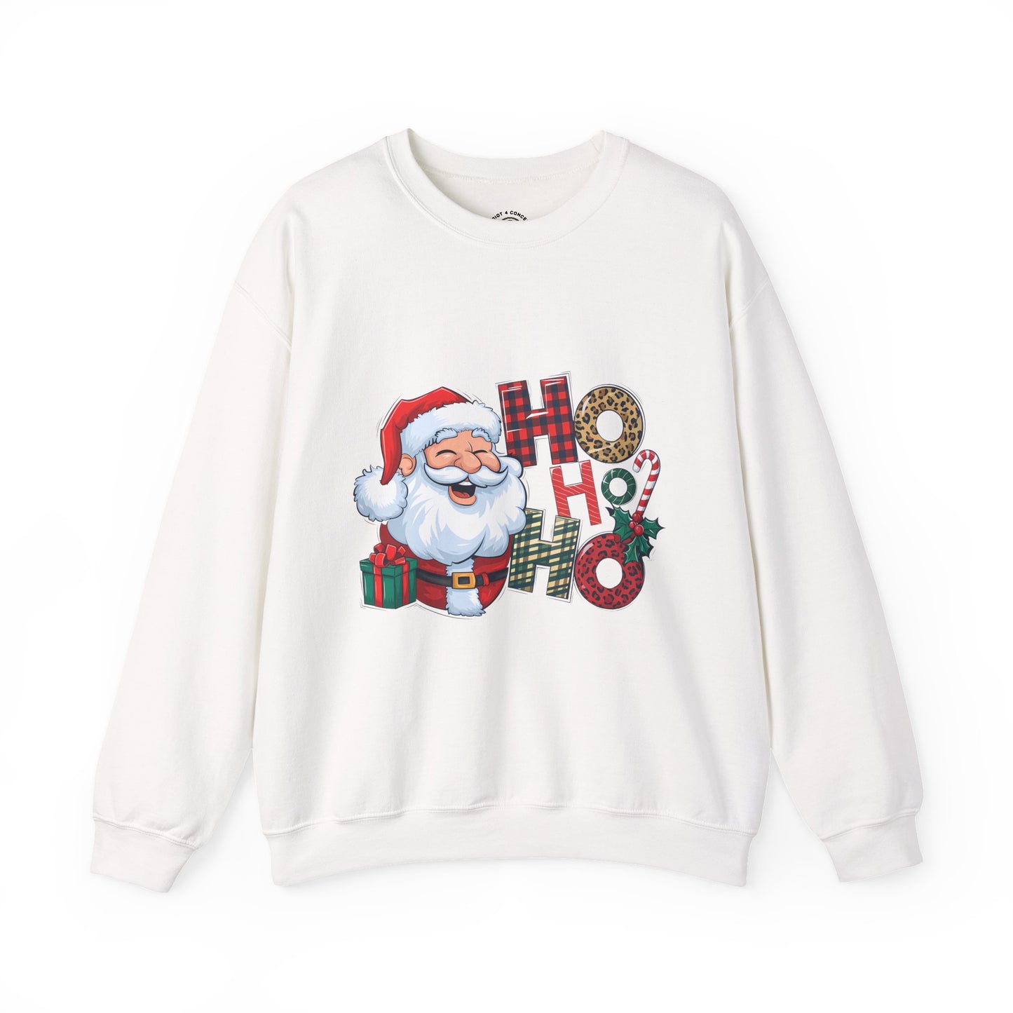 Christmas Santa 'Ho Ho Ho' Crewneck Sweatshirt — Holiday Plaid & Leopard Print Festive Pullover