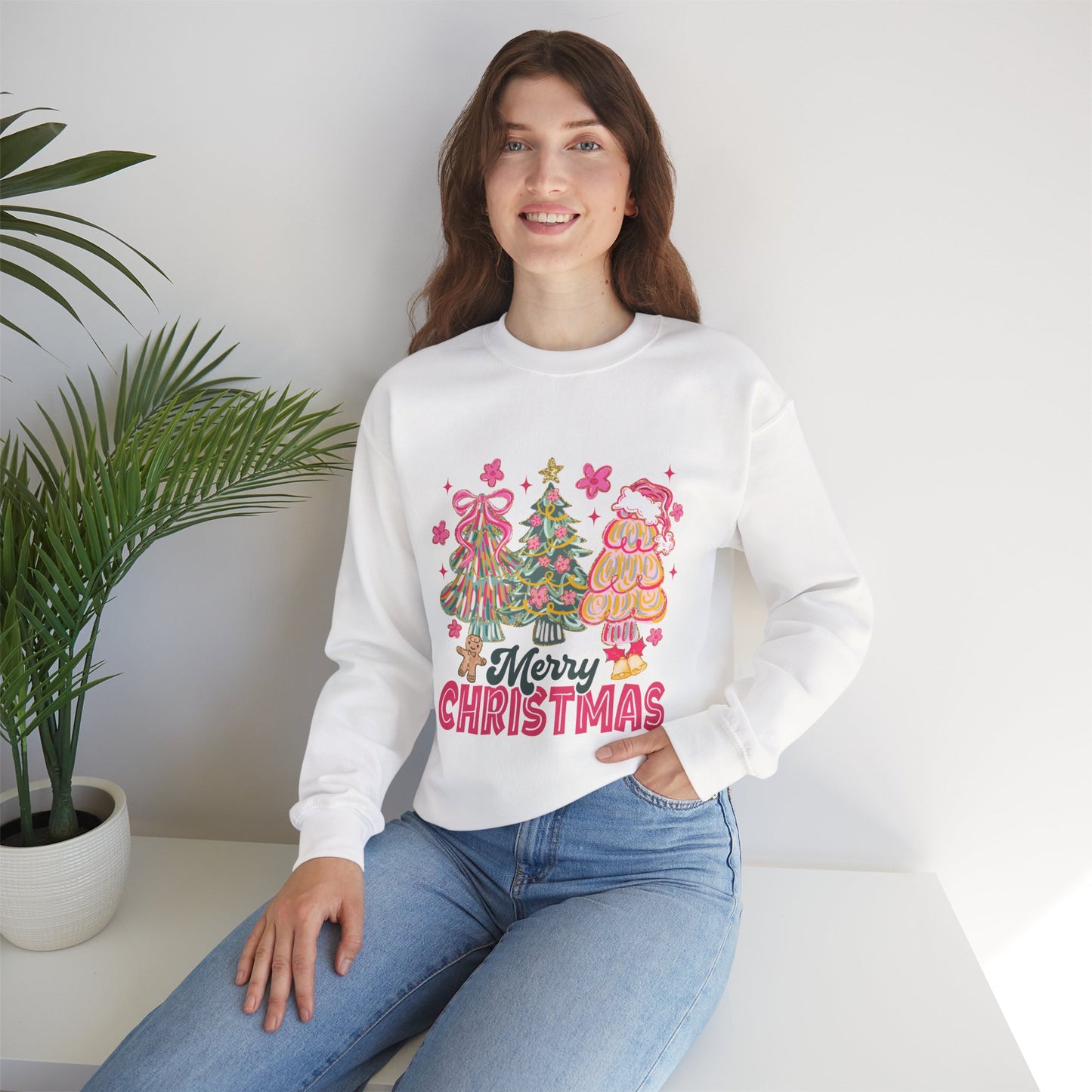 Christmas Trees Crewneck Sweatshirt — Merry Christmas Pink Holiday Sweater