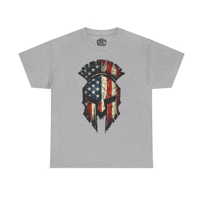American Spartan Helmet T-Shirt — Distressed USA Flag Graphic Tee