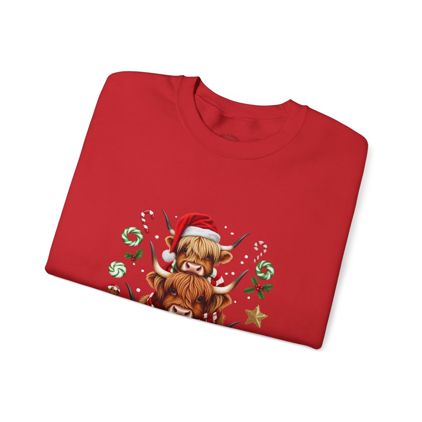 Christmas Highland Cow Sweatshirt — Holiday Stack with Santa Hats & Candy Canes