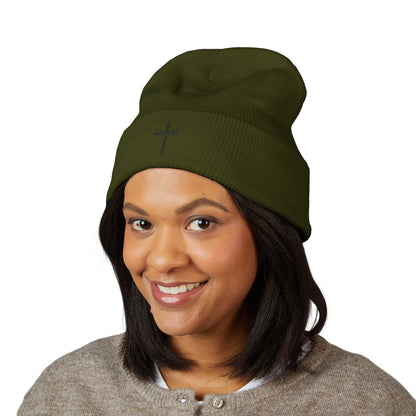 Embroidered Cross Cuffed Beanie — Minimal Faith Knit Hat