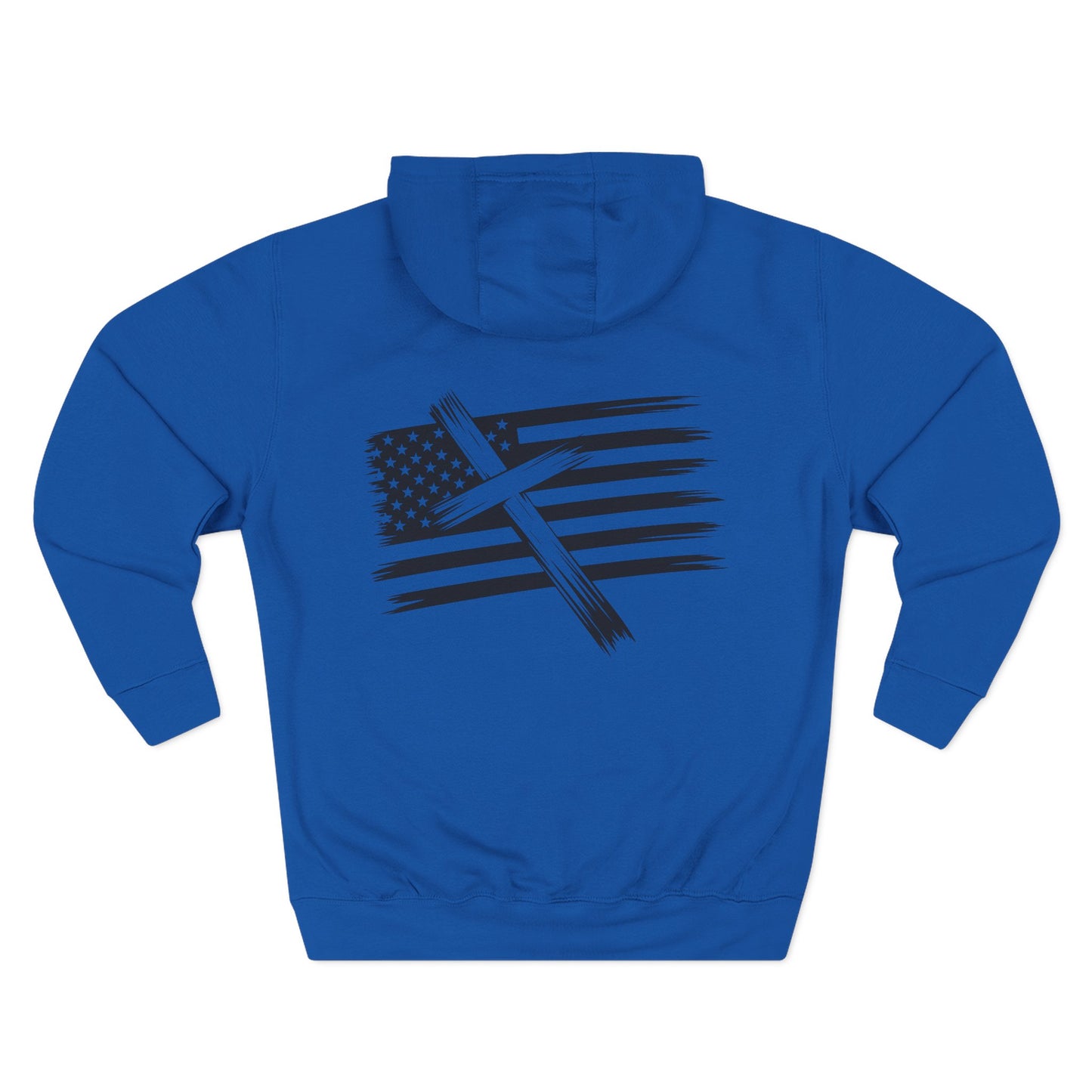 American Flag Cross Hoodie — Christian Patriotic Pullover with Distressed Stars & Stripes