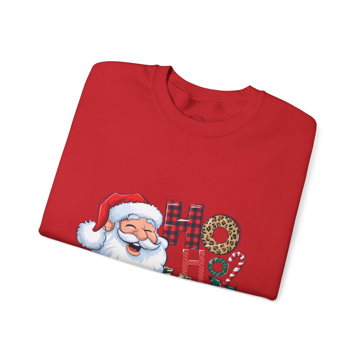 Christmas Santa 'Ho Ho Ho' Crewneck Sweatshirt — Holiday Plaid & Leopard Print Festive Pullover