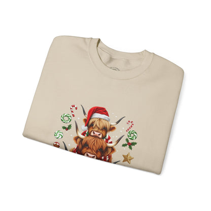 Christmas Highland Cow Sweatshirt — Holiday Stack with Santa Hats & Candy Canes