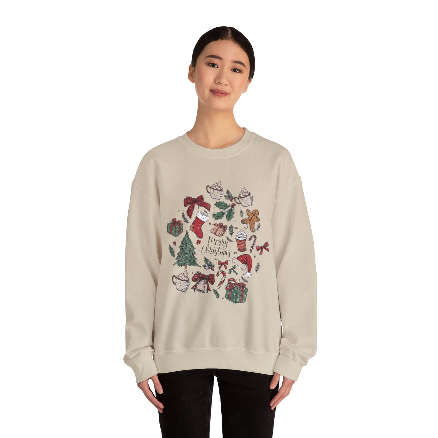 Christmas Cozy Crewneck Sweatshirt — "Merry Christmas" Holiday Icons Design