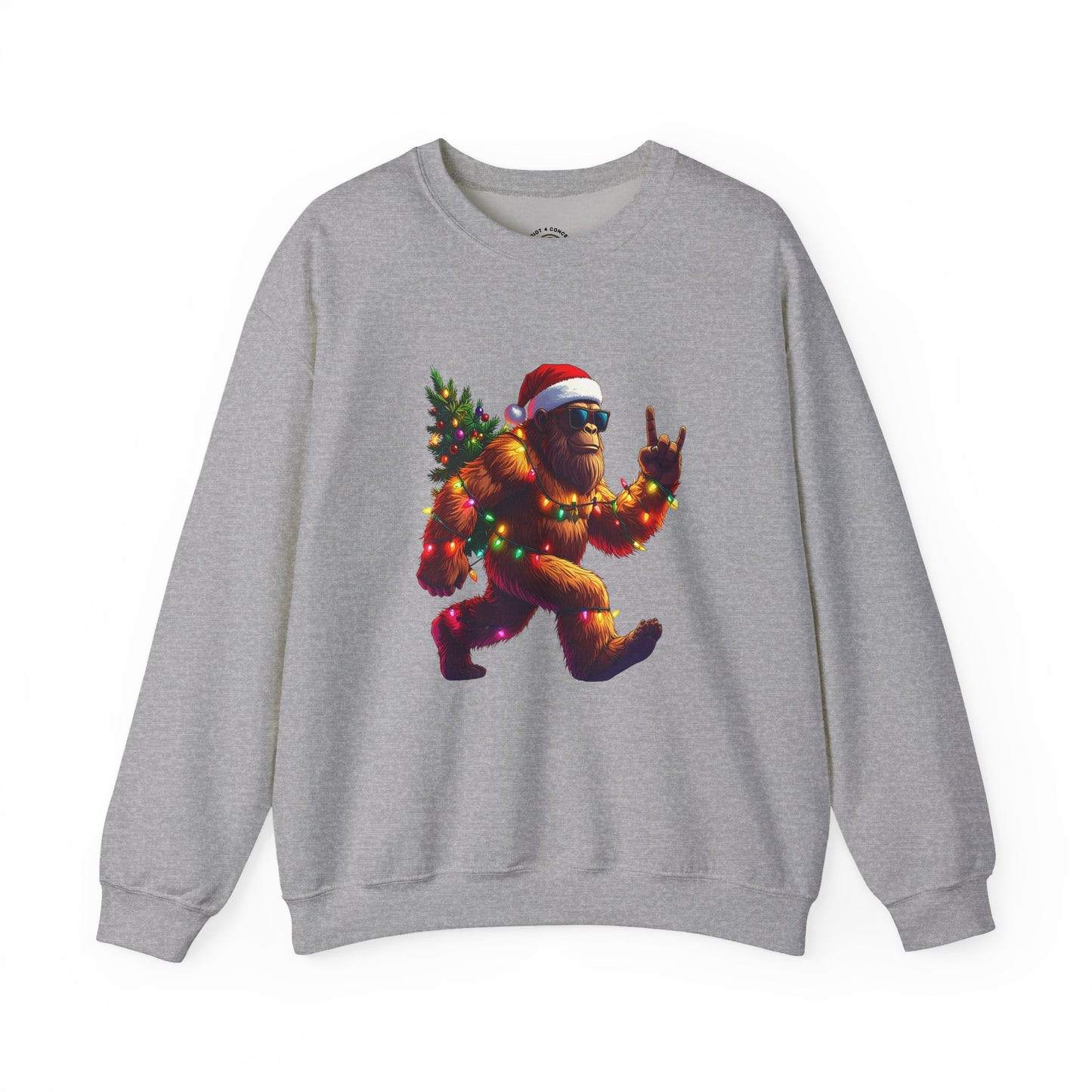 Christmas Sasquatch Crewneck Sweatshirt — Holiday Bigfoot with Santa Hat & Lights