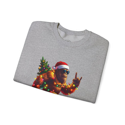 Christmas Sasquatch Crewneck Sweatshirt — Holiday Bigfoot with Santa Hat & Lights
