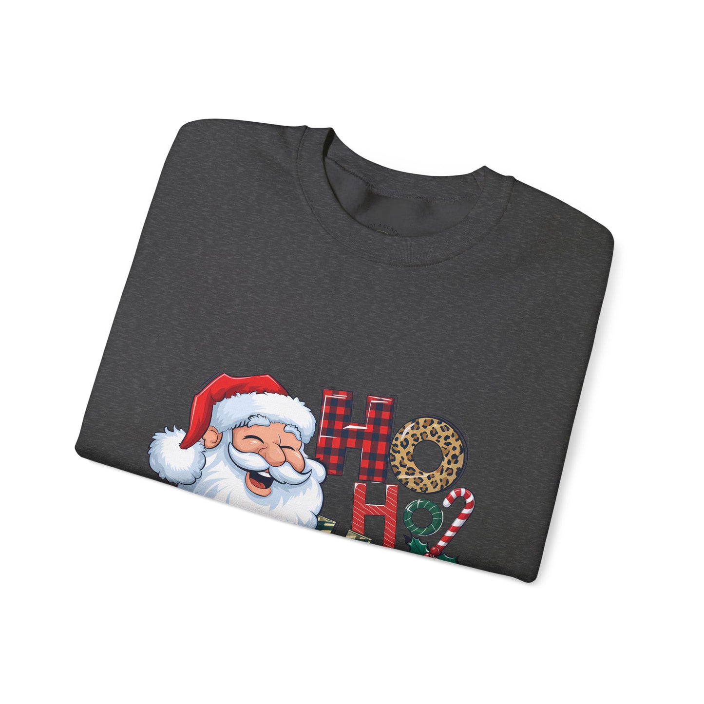 Christmas Santa 'Ho Ho Ho' Crewneck Sweatshirt — Holiday Plaid & Leopard Print Festive Pullover