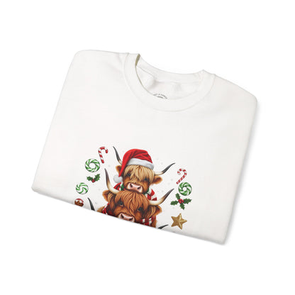 Christmas Highland Cow Sweatshirt — Holiday Stack with Santa Hats & Candy Canes