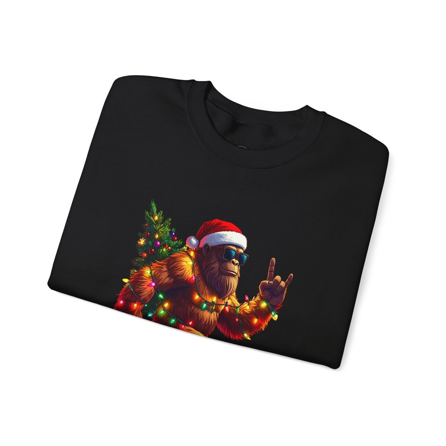 Christmas Sasquatch Crewneck Sweatshirt — Holiday Bigfoot with Santa Hat & Lights