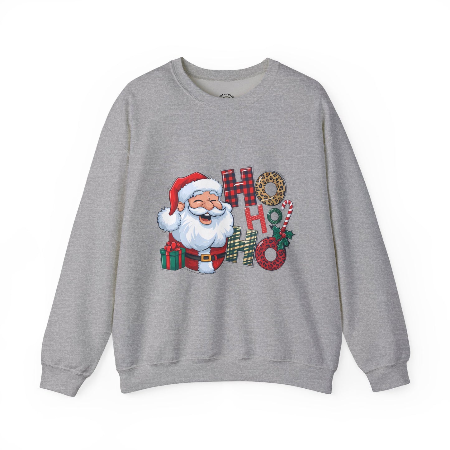 Christmas Santa 'Ho Ho Ho' Crewneck Sweatshirt — Holiday Plaid & Leopard Print Festive Pullover