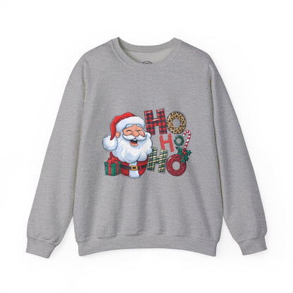Christmas Santa 'Ho Ho Ho' Crewneck Sweatshirt — Holiday Plaid & Leopard Print Festive Pullover