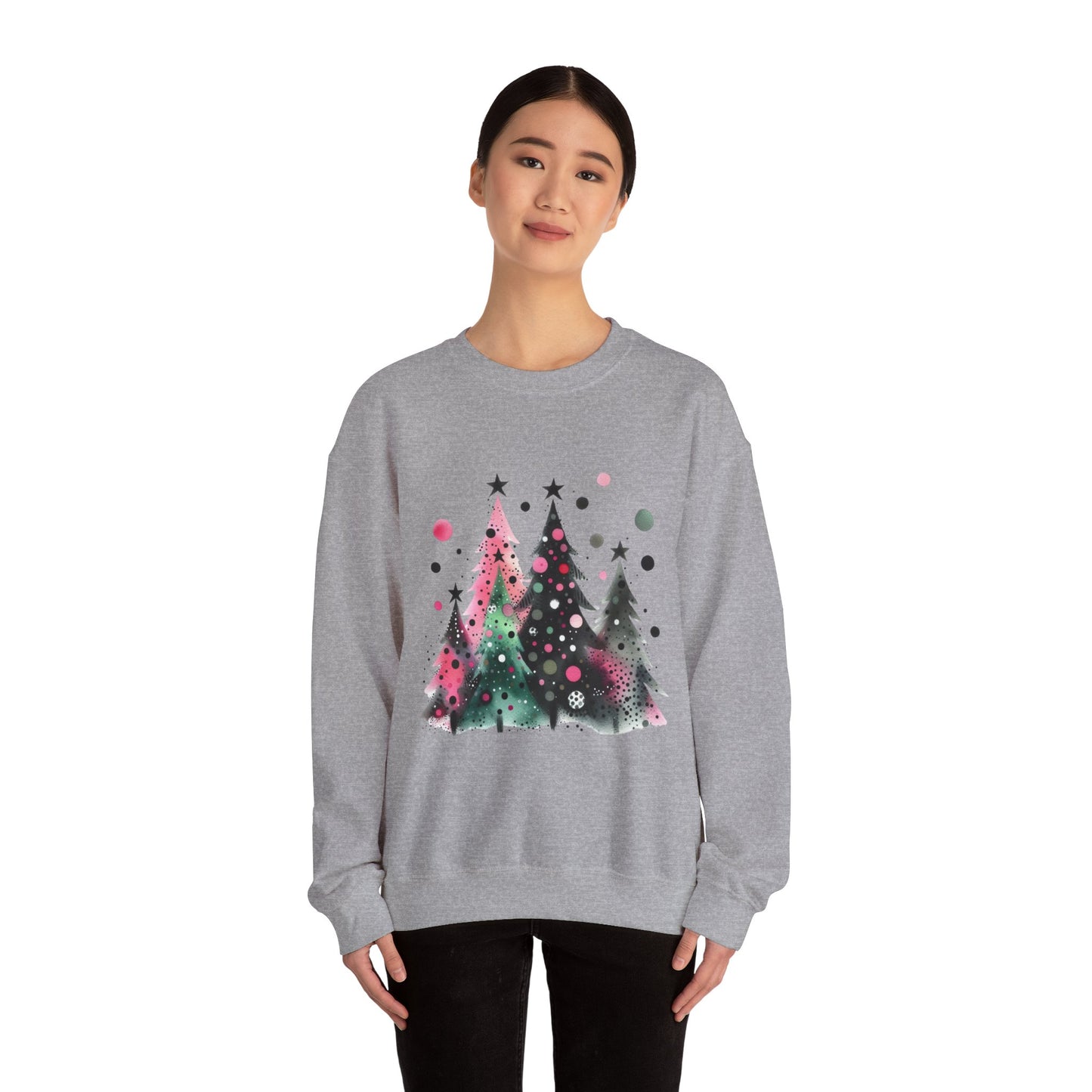 Christmas Tree Crewneck Sweatshirt — Watercolor Holiday Trees Graphic