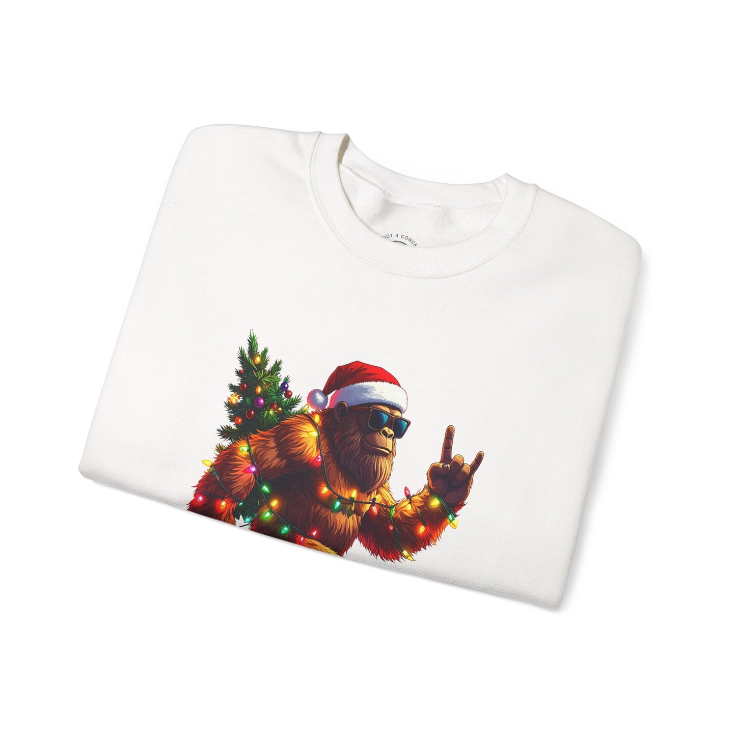 Christmas Sasquatch Crewneck Sweatshirt — Holiday Bigfoot with Santa Hat & Lights