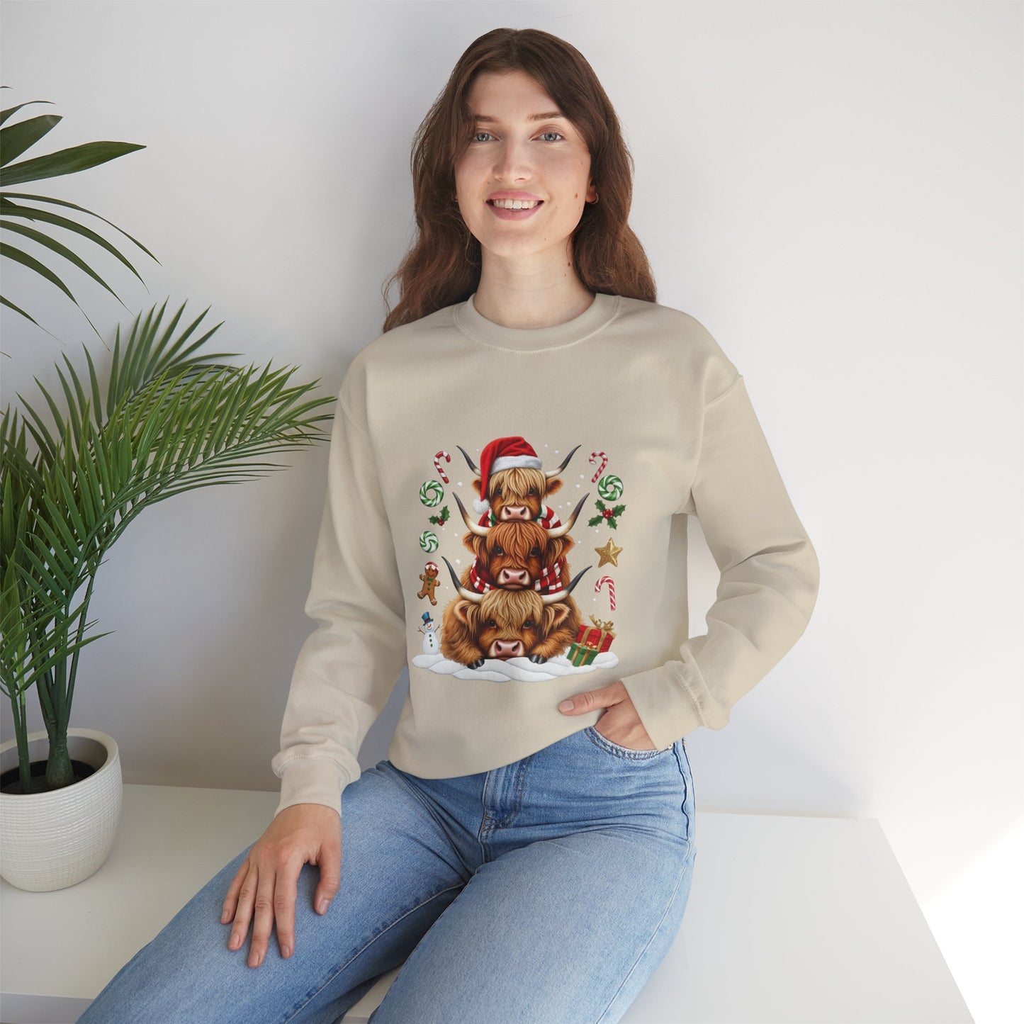 Christmas Highland Cow Sweatshirt — Holiday Stack with Santa Hats & Candy Canes