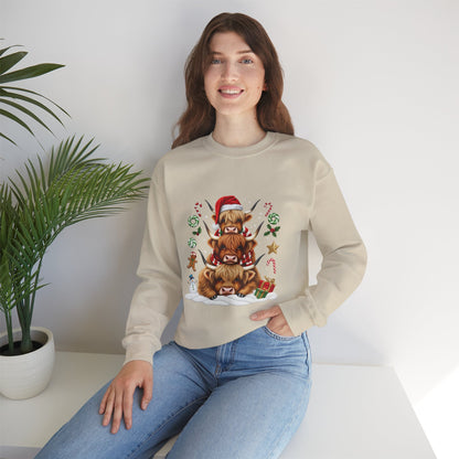 Christmas Highland Cow Sweatshirt — Holiday Stack with Santa Hats & Candy Canes