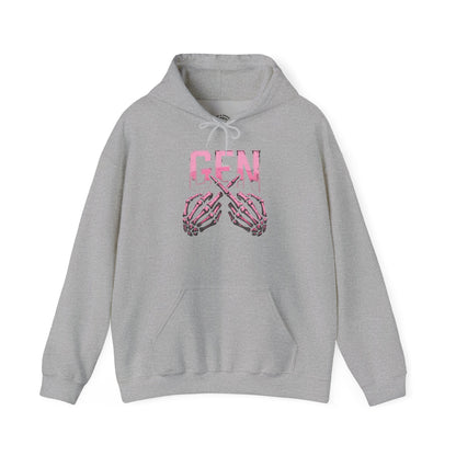 Gen Skull Hands Hoodie — Pink Skeleton Graphic Hooded Sweatshirt