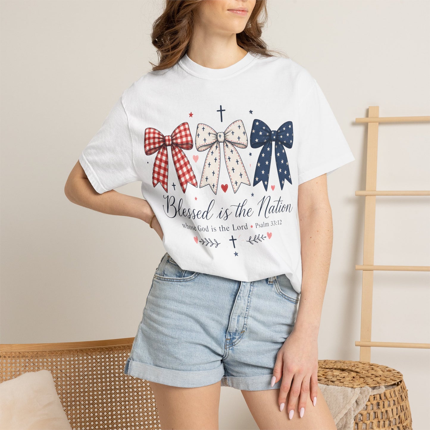Blessed is the Nation T-Shirt — Patriotic Bow Christian Tee (Psalm 33:12)