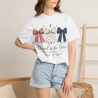 Blessed is the Nation T-Shirt — Patriotic Bow Christian Tee (Psalm 33:12)