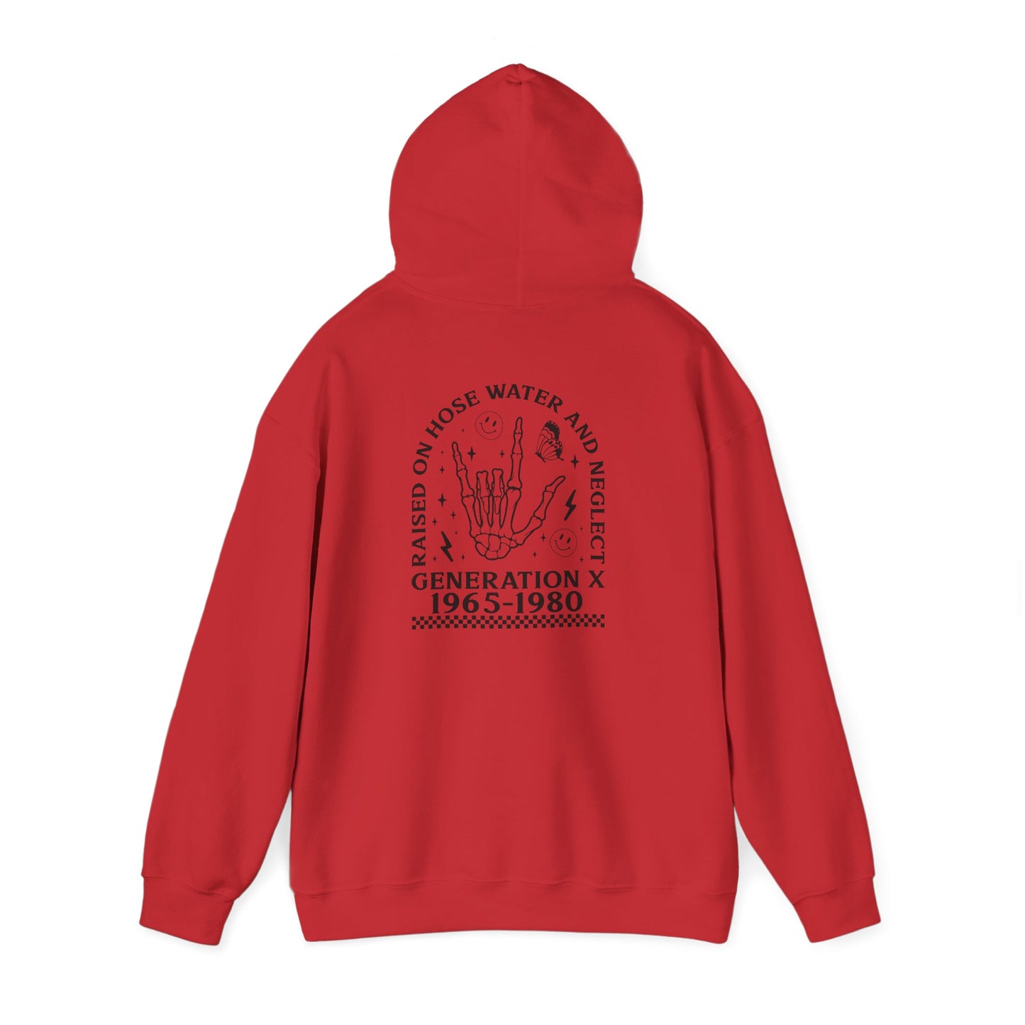 Generation X Hoodie – “Raised on Nostalgia and Neglect” Retro 1965–1980 Skeleton Hand Design