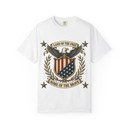 Patriotic Eagle Shield T-Shirt — "Land of the Free, Home of the Brave"