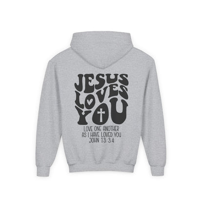 Youth Hoodie — "Jesus Loves You" Christian Scripture Sweatshirt (John 13:34)