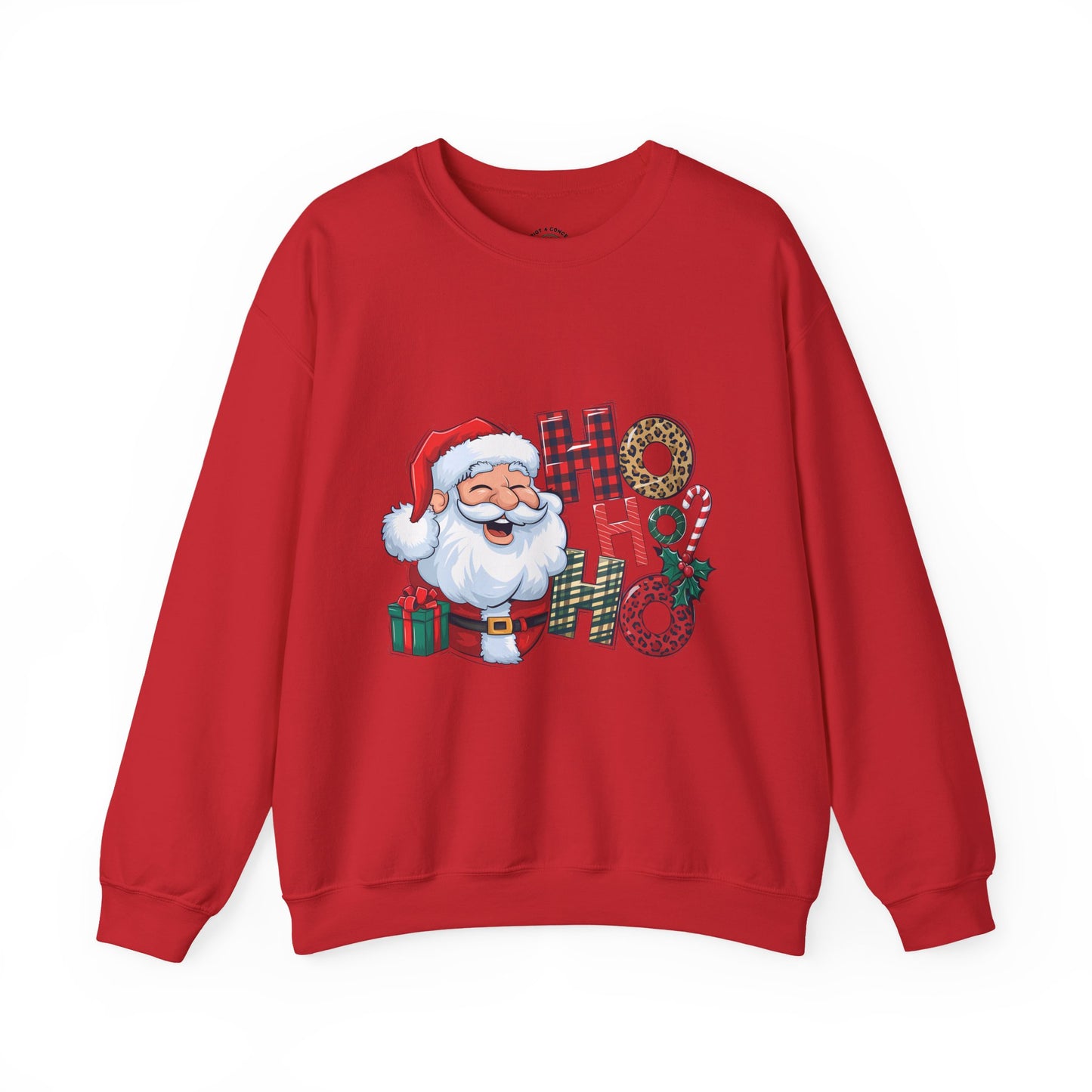 Christmas Santa 'Ho Ho Ho' Crewneck Sweatshirt — Holiday Plaid & Leopard Print Festive Pullover