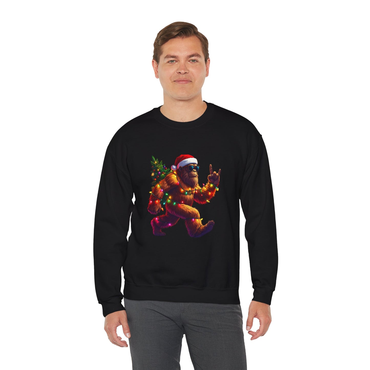 Christmas Sasquatch Crewneck Sweatshirt — Holiday Bigfoot with Santa Hat & Lights