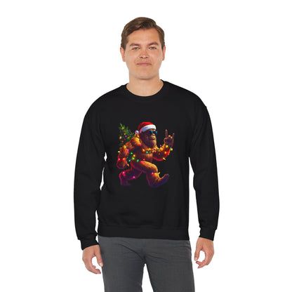 Christmas Sasquatch Crewneck Sweatshirt — Holiday Bigfoot with Santa Hat & Lights