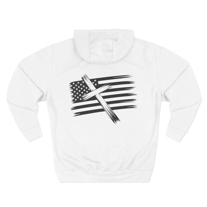 American Flag Cross Hoodie — Christian Patriotic Pullover with Distressed Stars & Stripes