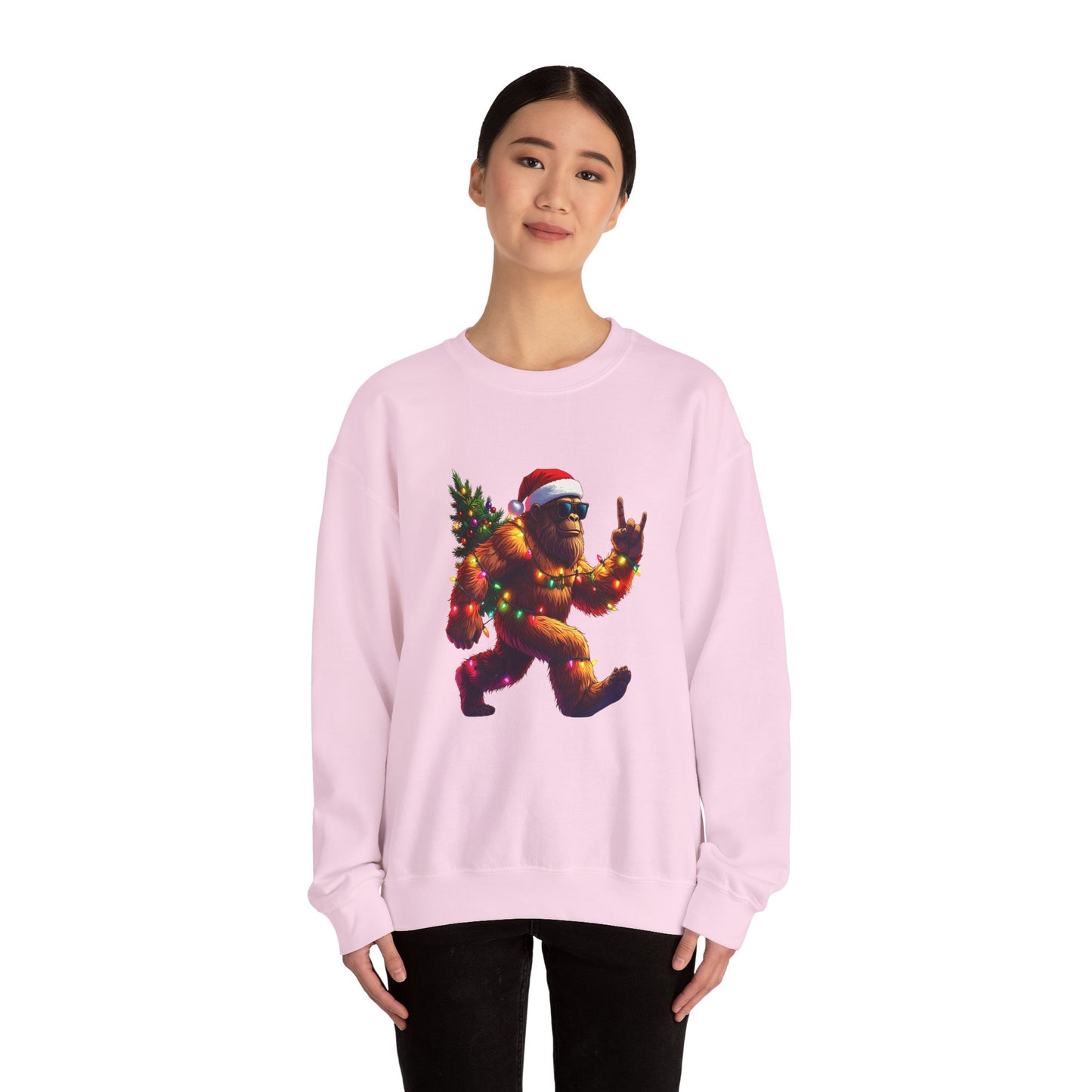 Christmas Sasquatch Crewneck Sweatshirt — Holiday Bigfoot with Santa Hat & Lights