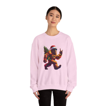 Christmas Sasquatch Crewneck Sweatshirt — Holiday Bigfoot with Santa Hat & Lights