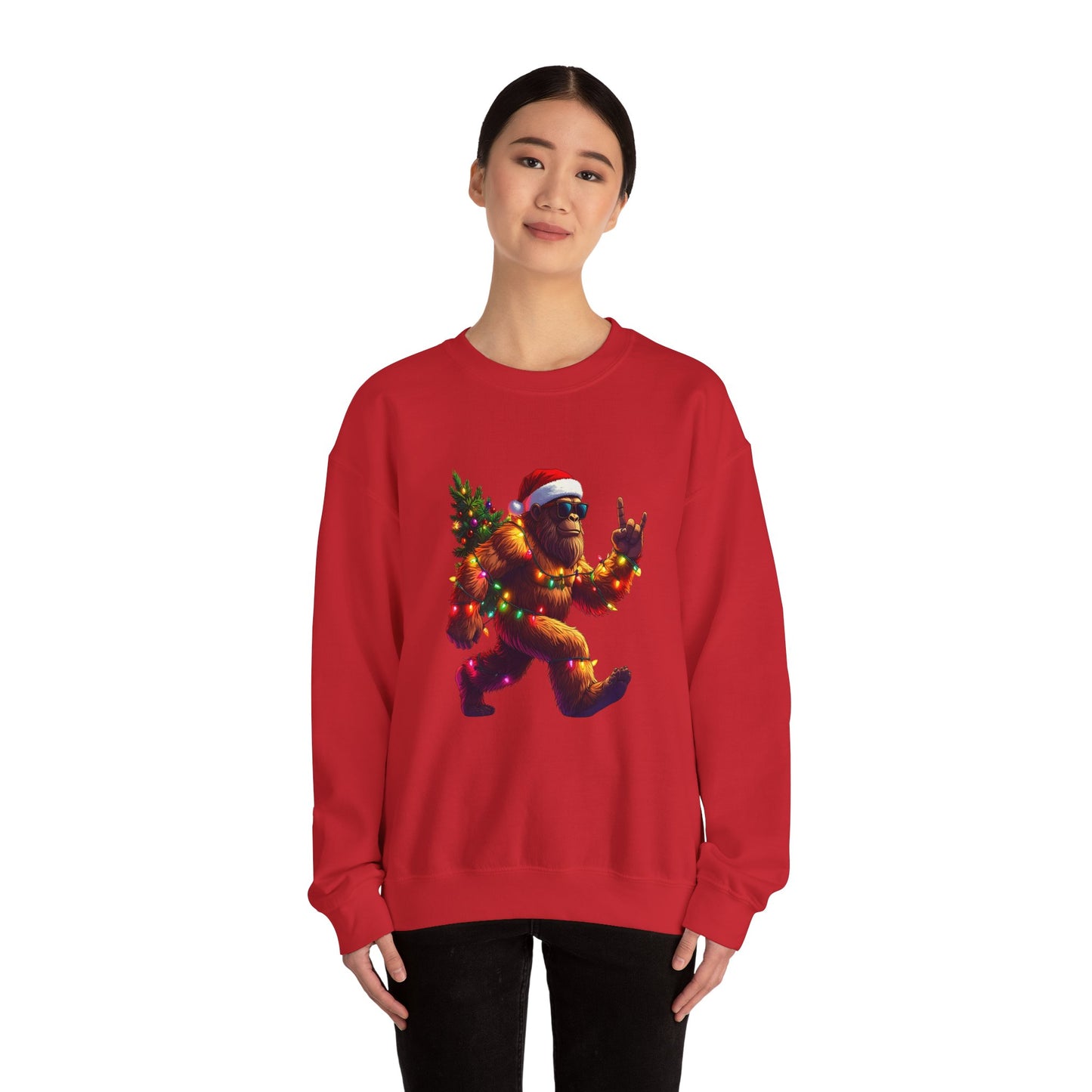 Christmas Sasquatch Crewneck Sweatshirt — Holiday Bigfoot with Santa Hat & Lights