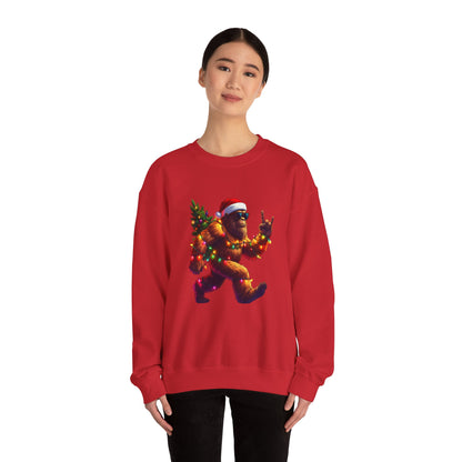 Christmas Sasquatch Crewneck Sweatshirt — Holiday Bigfoot with Santa Hat & Lights