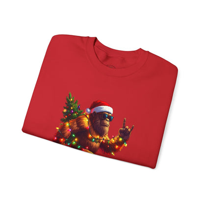 Christmas Sasquatch Crewneck Sweatshirt — Holiday Bigfoot with Santa Hat & Lights