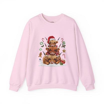 Christmas Highland Cow Sweatshirt — Holiday Stack with Santa Hats & Candy Canes
