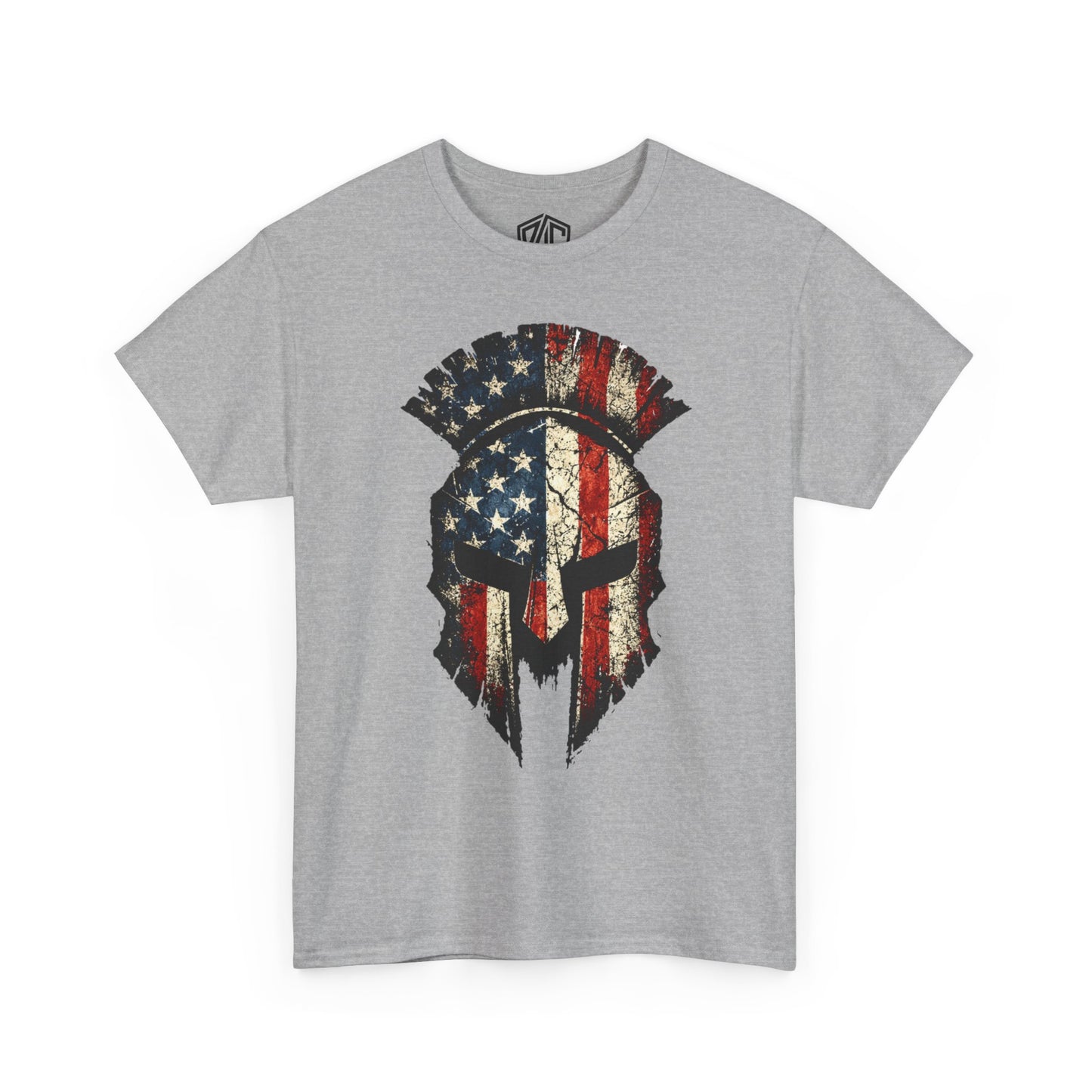 American Spartan Helmet T-Shirt — Distressed USA Flag Graphic Tee