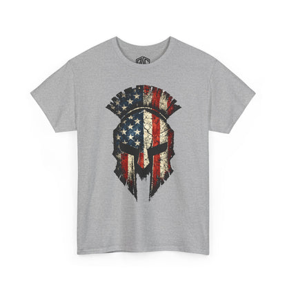American Spartan Helmet T-Shirt — Distressed USA Flag Graphic Tee