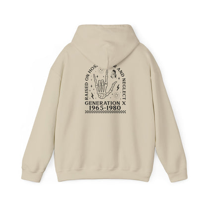 Generation X Hoodie – “Raised on Nostalgia and Neglect” Retro 1965–1980 Skeleton Hand Design