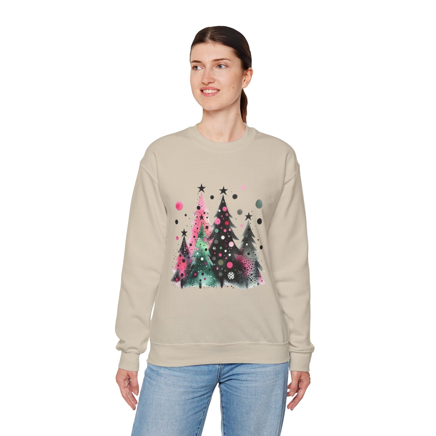 Christmas Tree Crewneck Sweatshirt — Watercolor Holiday Trees Graphic