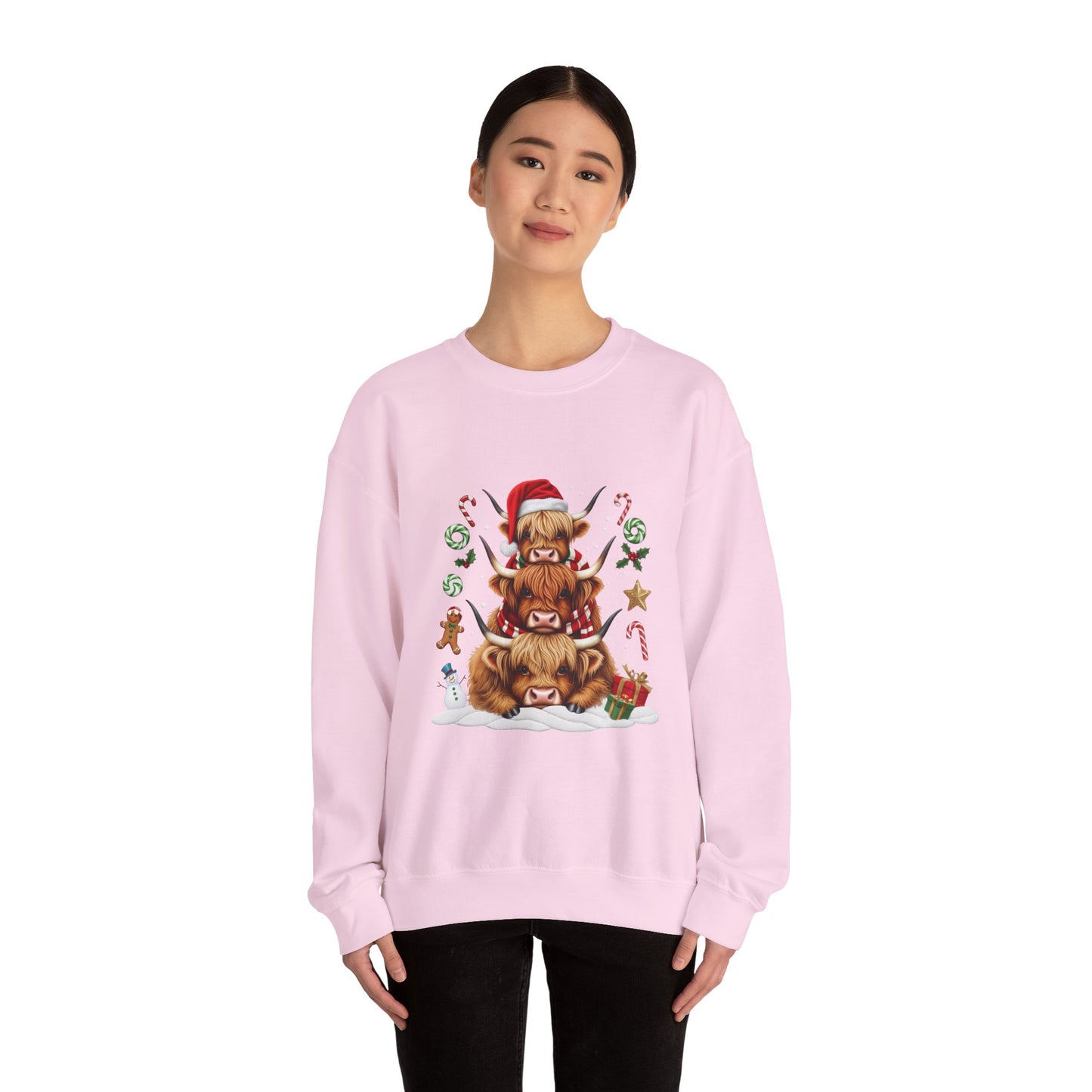 Christmas Highland Cow Sweatshirt — Holiday Stack with Santa Hats & Candy Canes