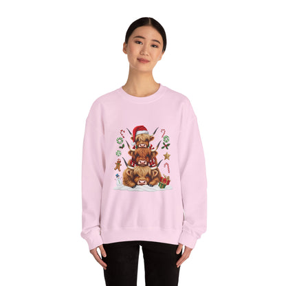 Christmas Highland Cow Sweatshirt — Holiday Stack with Santa Hats & Candy Canes