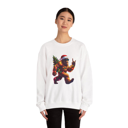 Christmas Sasquatch Crewneck Sweatshirt — Holiday Bigfoot with Santa Hat & Lights