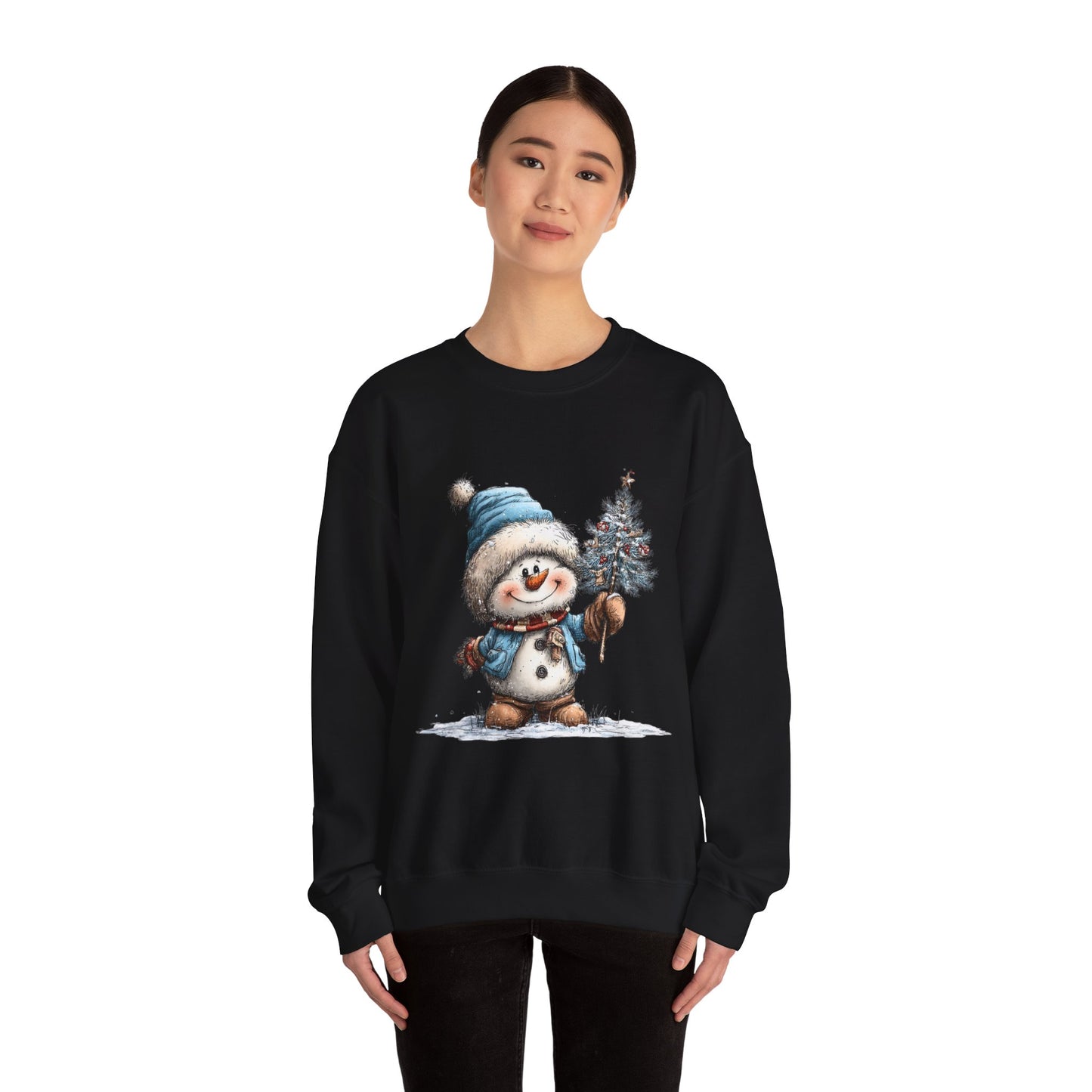 Snowman with Tree Crewneck Sweatshirt — Cute Holiday Kids-Style Winter Pullover