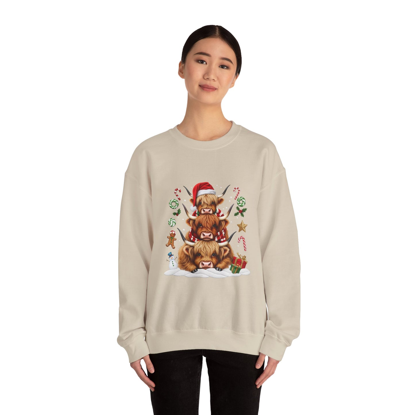 Christmas Highland Cow Sweatshirt — Holiday Stack with Santa Hats & Candy Canes