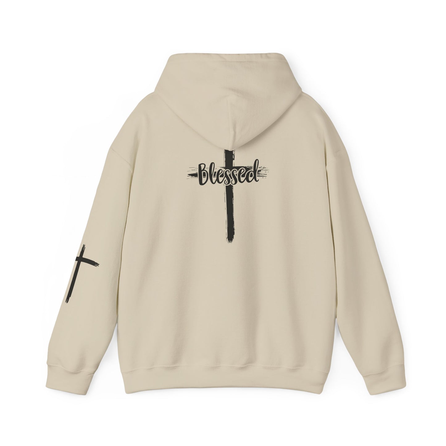 Blessed Cross Hoodie — Christian Faith Pullover with Cross Sleeve Design