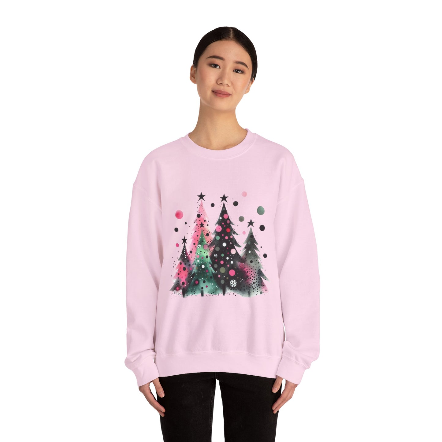 Christmas Tree Crewneck Sweatshirt — Watercolor Holiday Trees Graphic